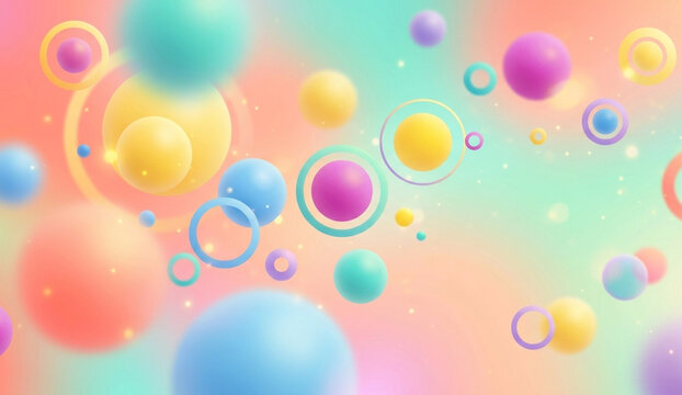 Abstract 3D background with colorful spheres and rings on soft pastel gradient