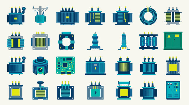 Vector Icons Set of electric power transformer icons and electrical equipment components. EPS Editable