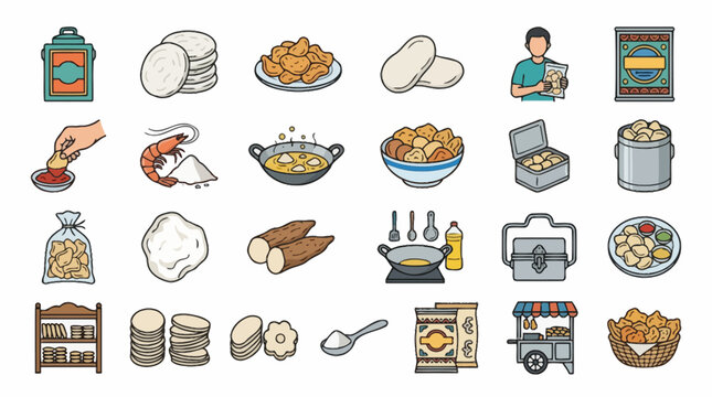 Vector Icons Set of Hand Drawn Doodles Representing Traditional Indonesian Cassava Chips and Snacks. EPS Editable