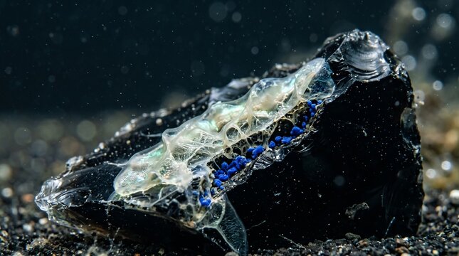 Damsel Fly Nymph Emerging from Water on Rock with Blue Spots