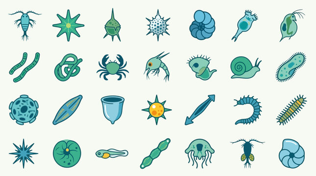 Vector Icons Set of hand drawn marine microorganisms and plankton icons. EPS Editable