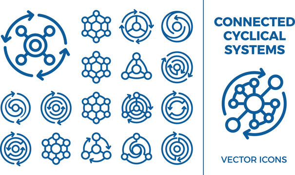 Connected cyclical systems vector icons collection abstract science technology network connections and cycles.