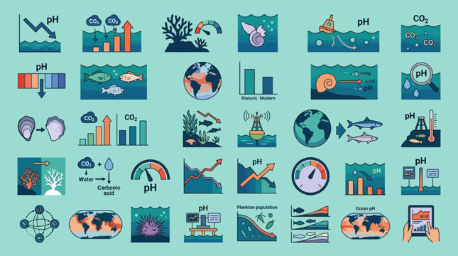 Vector Icons Set of ocean acidification and climate change environmental icons. EPS Editable