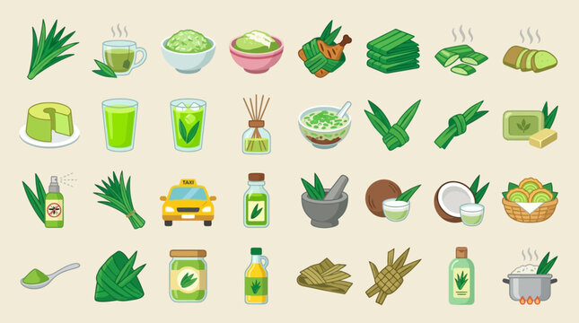 Vector Icons Set of pandan leaf food and beverage ingredients icons. EPS Editable