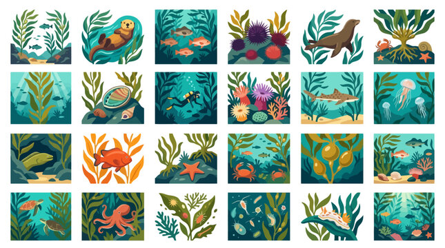 Vector Icons Set of underwater sea life illustrations including marine animals and ocean plants. EPS Editable