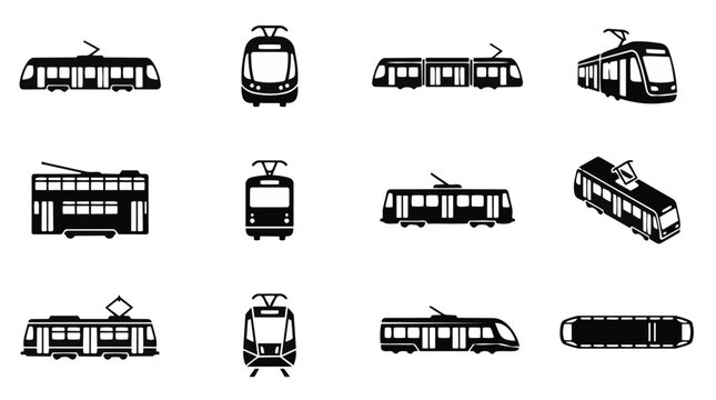 Collection of various tram and streetcar vector icons from different perspectives including side front and top views.