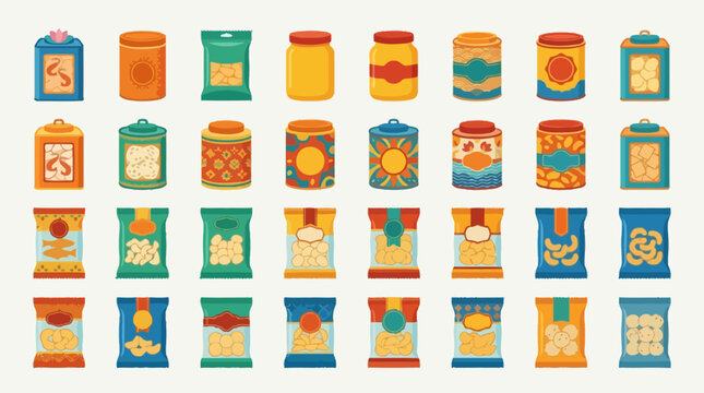 Vector Icons Set of various colorful snack food packaging and containers. EPS Editable