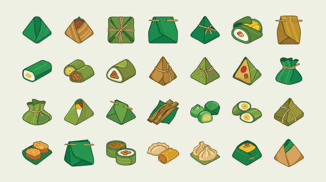 Vector Icons Set of various traditional Asian snacks wrapped in banana leaves. EPS Editable