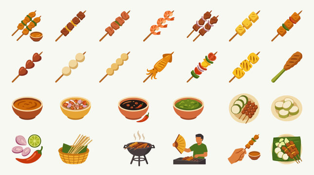 Vector Icons Set of various Indonesian food icons featuring satay and traditional dishes. EPS Editable
