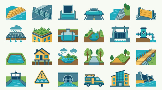 Vector Icons Set of water management and hydraulic engineering infrastructure icons. EPS Editable