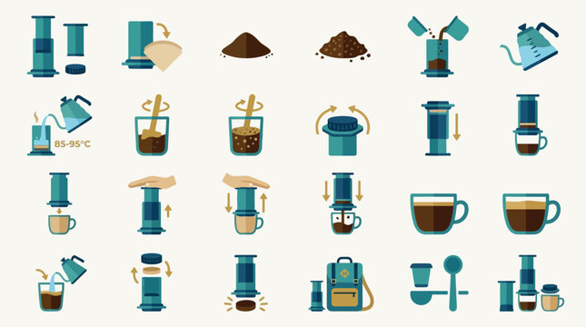 Vector Icons AeroPress Coffee Brewing Process Infographic Collection. EPS Editable
