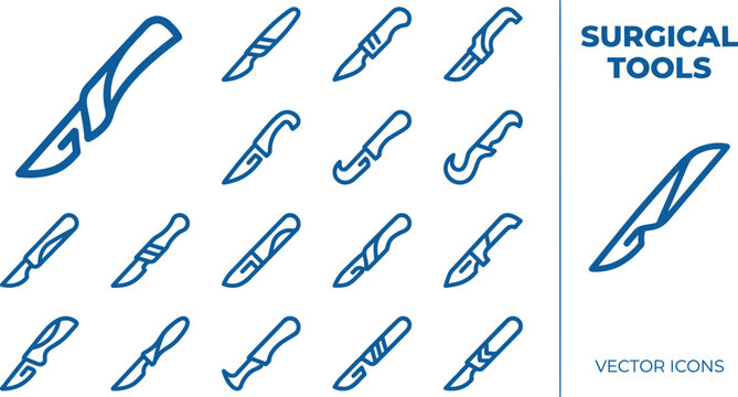 Surgical tools vector icons scalpel blade collection for medical surgery and healthcare professionals.