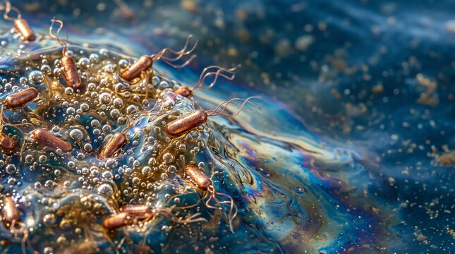 E. coli bacteria in polluted water with oil spill and bubbles