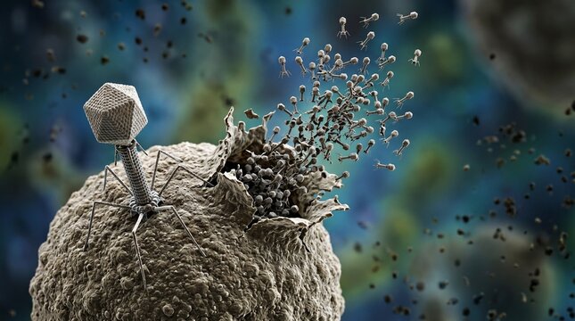 Bacteriophage virus infecting bacteria cell 3D rendering