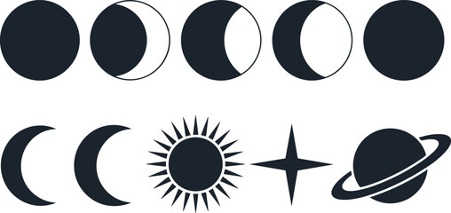 Celestial Bodies Moon Phases Sun Star Planet Icons © Priyom