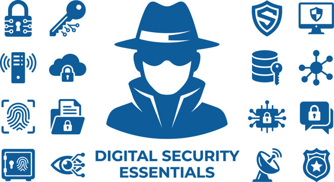 Digital security essentials blue icons man hat lock server cloud fingerprint folder safe eye.