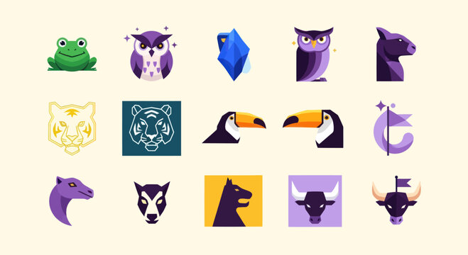 Pixel Art Animals and Gems Icons Set - Frog, Owl, Tiger, Toucan, Bull