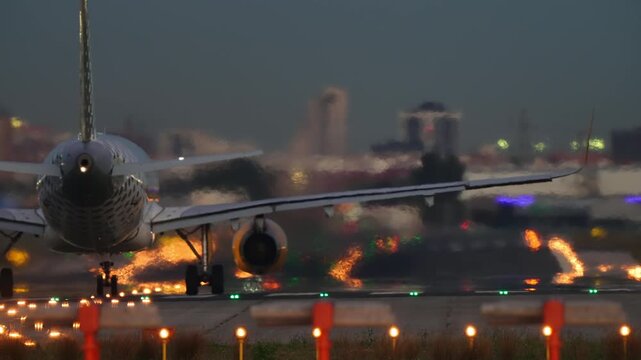 Commercial aircraft rear view while taking off on wet night runway with intense runway lights reflecting in rain-soaked tarmac, and colorful bokeh city lights scattered across the background