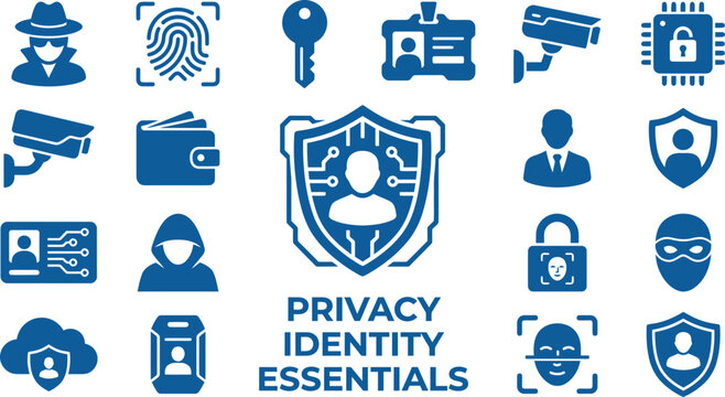 Privacy identity essentials blue icons hacker fingerprint key badge camera chip shield.