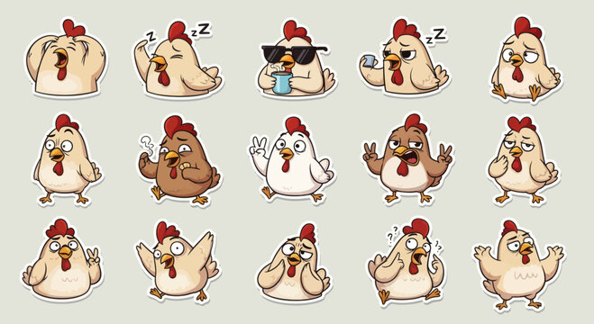 Funny Chicken Emotes and Stickers Set: Various Expressions and Poses