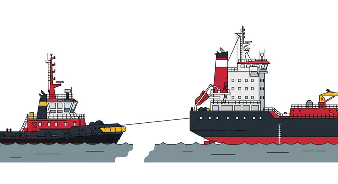 Tugboat Towing Large Cargo Ship or Tanker in Harbor Vector Illustration
