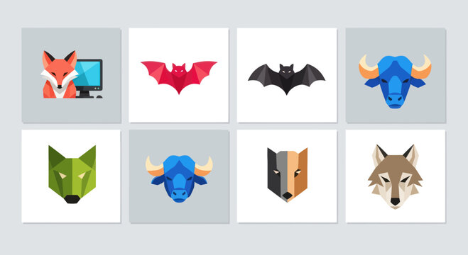 Geometric Animal Icons Collection: Fox, Bat, Bull, Wolf, and more