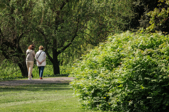 Two women walking along a path in a green park surrounded by trees and shrubs on a sunny day, enjoying nature and outdoor leisure activities