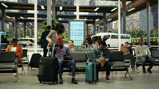 African American solo traveler in bus terminal surrounded by passengers, having trolley bag and backpack. Man checks departure time information on screen before boarding interstate bus.