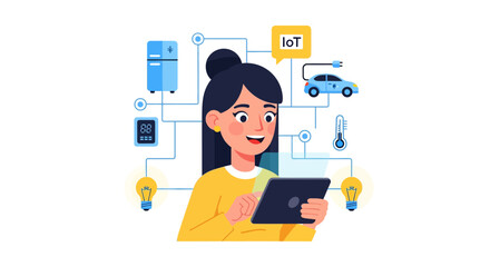 Fototapeta premium Smiling woman using a tablet to control smart home and IoT devices like a refrigerator, car, and lights, illustrating interconnected technology.