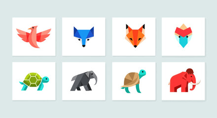 Geometric Animal Icons Set: Bird, Fox, Elephant, Turtle, Wolf, Rhino © Ha