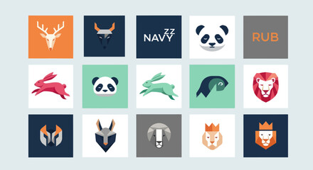 Fototapeta premium Modern Animal Icons Set: Deer, Panda, Lion, Rabbit, Ram, Wolf, Bull