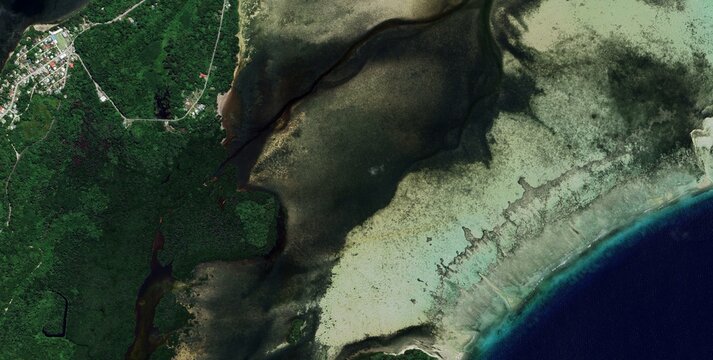 Palau Coastal Town Aerial View Reef Flat and Estuary
