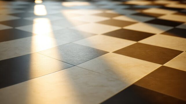 Diagonal view of a chessboard pattern on the floor with sunlight highlighting the squares