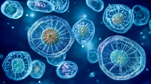 Detailed view of marine plant cells floating in aquatic environment during daylight