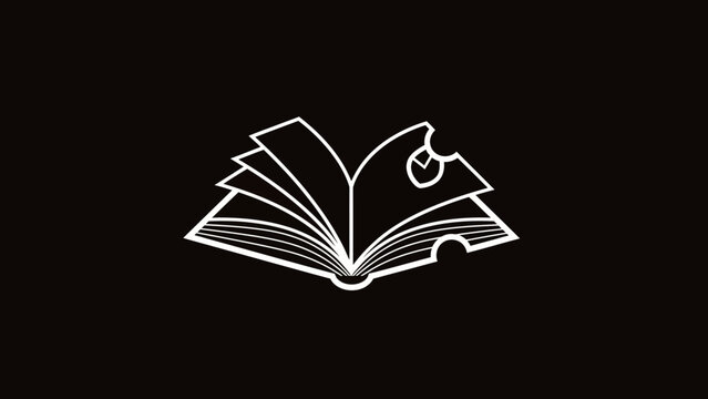 Conceptual white line art icon of an open book with a bite mark, signifying knowledge, education, learning, and reading.