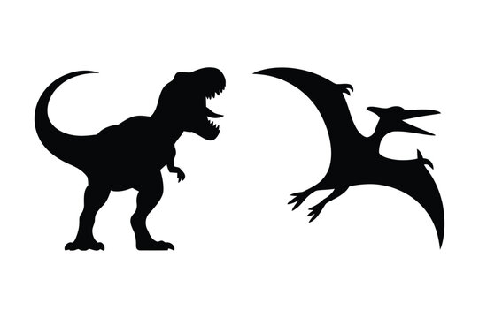 Silhouettes of a tyrannosaurus rex and a pterodactyl with t rex, tyrannosaurus