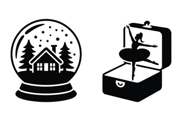 Snow globe with house and trees, music box with ballerina silhouette, ballerina © Laboni