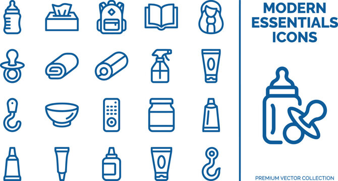 Modern baby essentials line icons set for newborn care products and accessories.