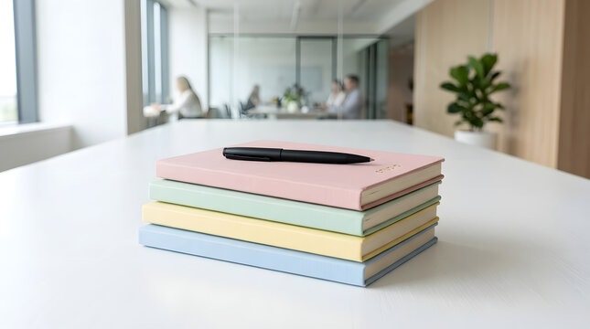 Minimalist conceptual shot of an organized stack of clean pastel colored notebooks on a white table with a sleek pen on top and soft shadows.