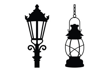 Street lamp and hanging lantern silhouettes illustration with lighting, exterior © Laboni