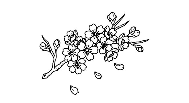 Elegant black and white line art drawing of a cherry blossom branch with blooming flowers and falling petals, spring illustration