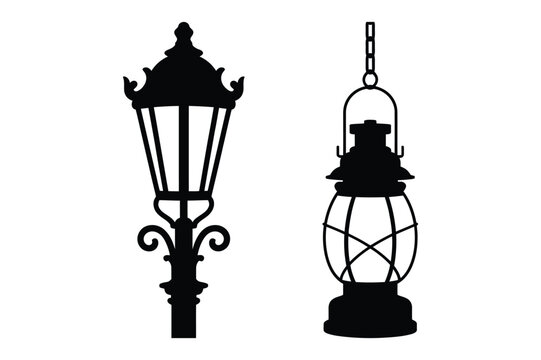 Street lamp and hanging lantern silhouettes illustration with lighting, exterior