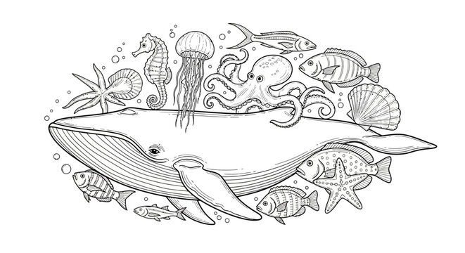 Ocean life line art drawing with whale, octopus, fish, jellyfish, seahorse, and starfish. Detailed underwater marine creatures sketch.