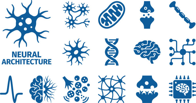 Neural architecture icons set scientific symbols and elements brain cell and dna strands.