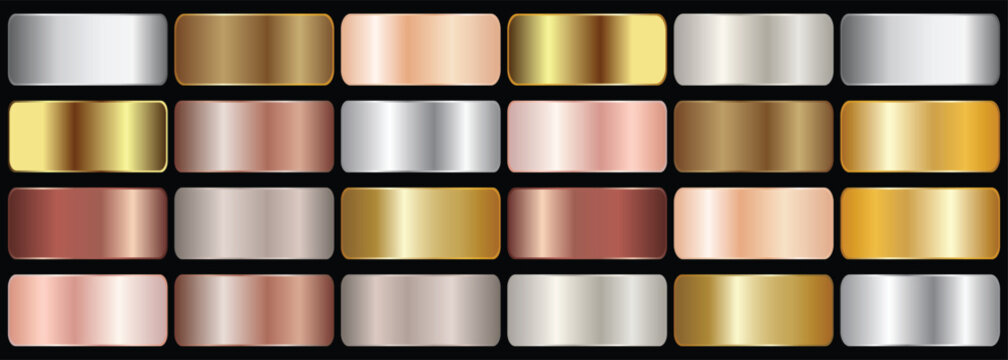 Gold rose, silver, bronze, copper and golden foil texture gradation background set. Vector shiny and metalic gradient collection for border, frame, ribbon, label design