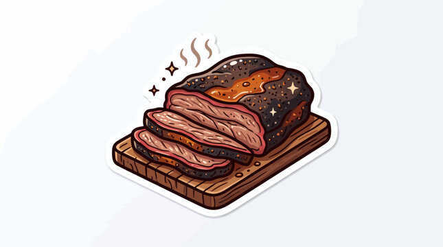 Playful sticker art of a perfectly smoked and sliced brisket vector, showcasing delicious barbecue meat on a rustic cutting board, ideal for food graphics and menu designs