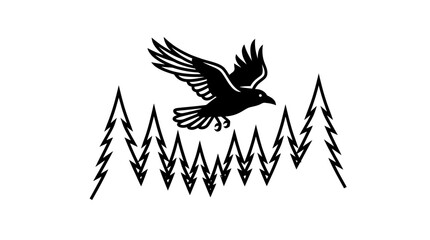 Fototapeta premium Flying Raven Bird Silhouette over Pine Forest, Vector Illustration of Wild Crow in Nature