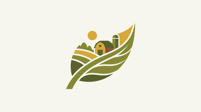 Sustainable Agriculture and Organic Farming Logo Icon with Barn and Fields inside a Green Leaf Shape