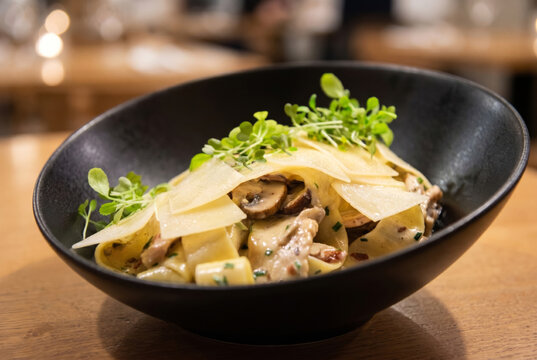 Creamy Mushroom Tagliatelle Pasta with Parmesan Flakes and Microgreens, gourmet plate.