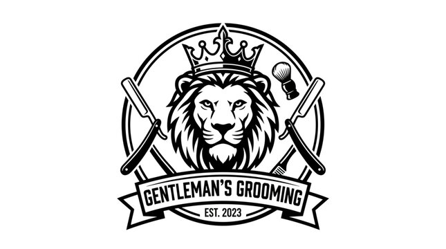 Vintage Gentleman's Grooming Logo with Lion Head in a Crown, Crossed Straight Razors, Shaving Brush and Comb, Barbershop Badge Design